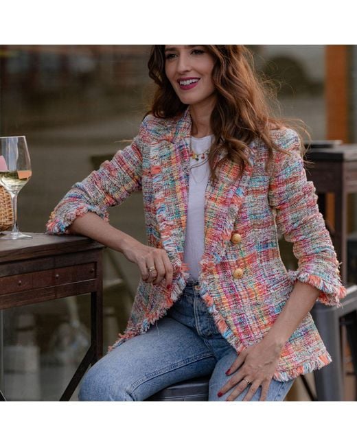 The Extreme Collection Multicolour Cotton Blend Tweed Double Breasted Blazer  Frayed Edge Valentina