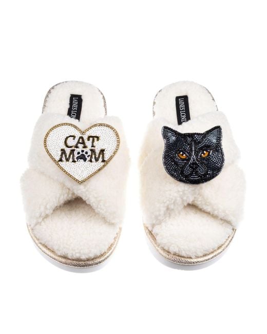 Laines London White Neutrals Boucle Slippers With Cat Mum/Mom & British Shorthair Brooches