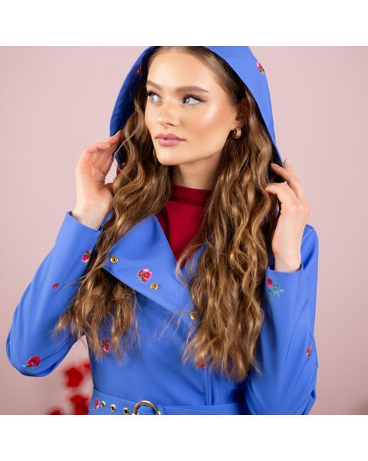 RainSisters Blue Trench Coat With Flower Print: Forget Me Not