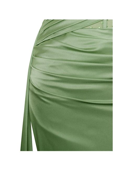 Miss Circle New York Green Holly Basil Crystallized Corset High Slit Satin Gown