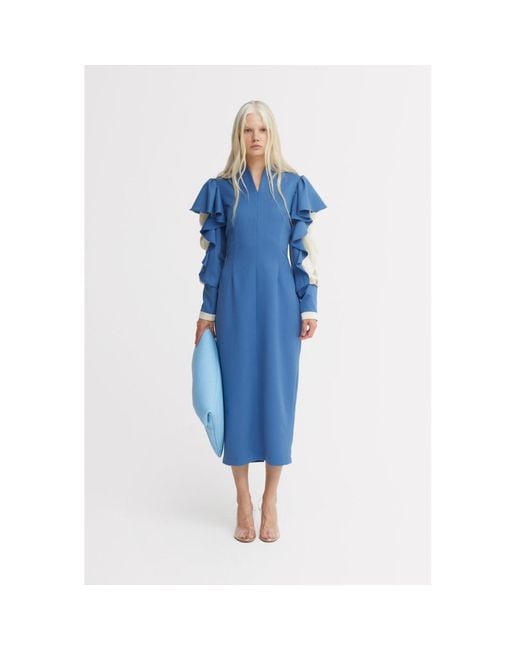 Julia Allert Blue Occasion Midi Dress With Ruffled Sleeves
