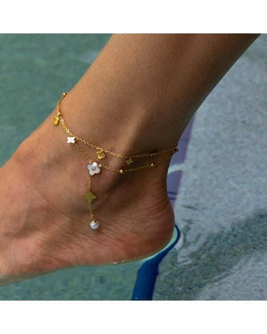 Ebru Jewelry Metallic Floral Pearl Charm Anklet