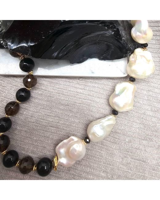 Farra Black Quartz And Obsidian With Baroque Pearl Statement Necklace