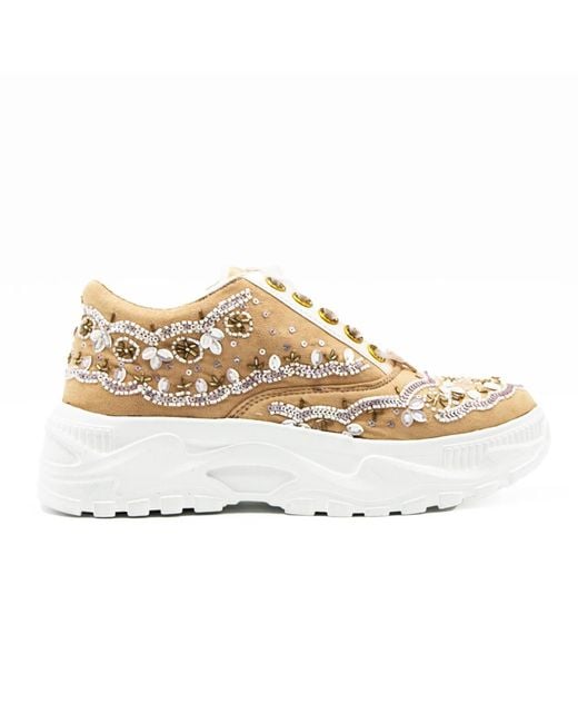 Rettrose Natural Neutrals Ava Luxury Pale Sand Suede Handmade Embellished Trainers