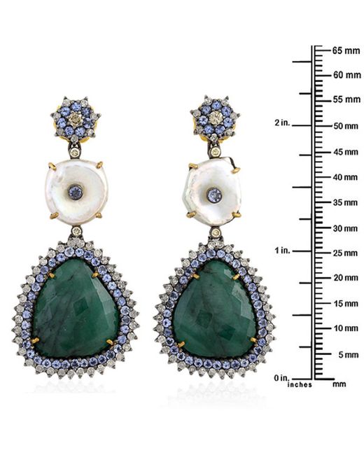 Artisan Green 18k Gold 925 Silver Diamond Emerald Pearl Tanzanite Diamond Dangle Earrings