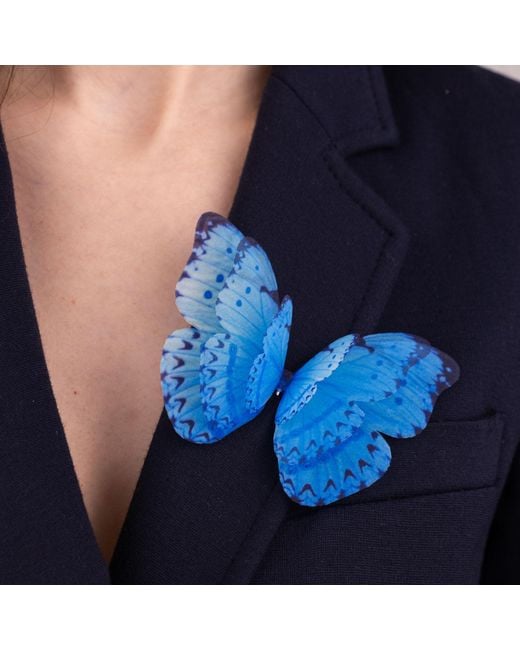 Oana Savu Blue Versatile Large Silk Butterfly Brooch Pin With Pin