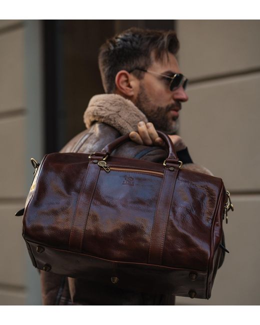 Time Resistance Brown Small Leather Overnight Bag, Duffel Bag for men
