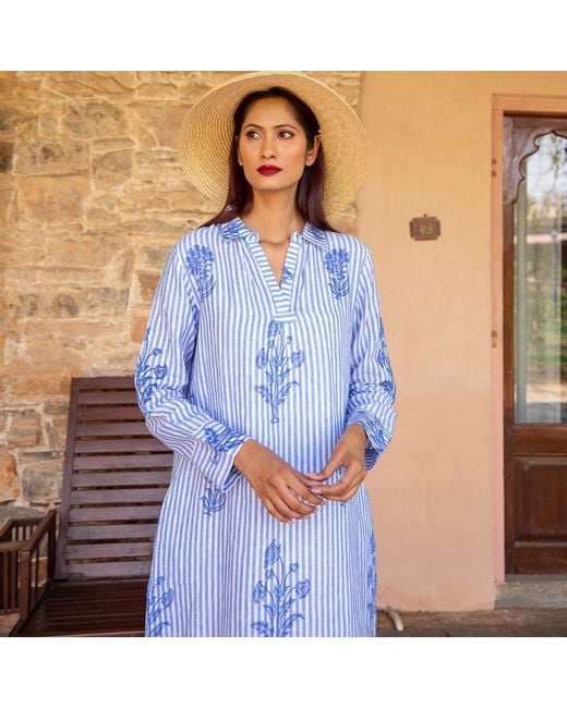 NoLoGo-chic Blue Tourist Hand Printed Stripe Linen Tunic Dress
