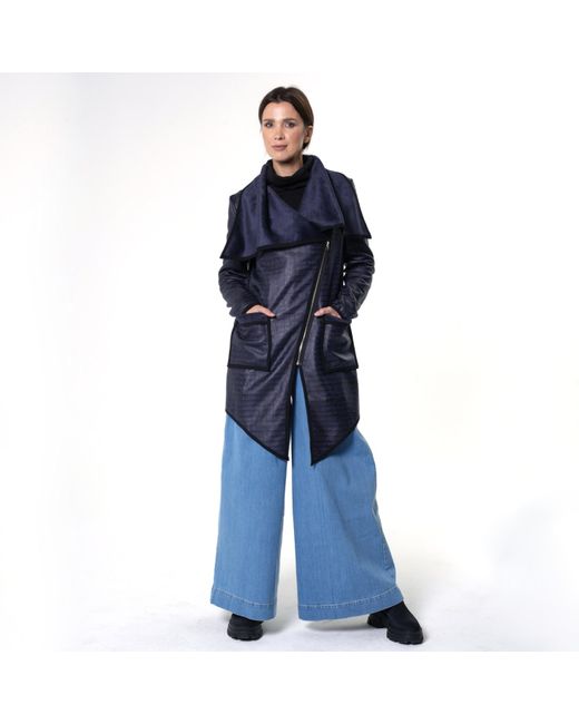 Metamorph Blue Croc-Effect Asymmetric Zip Coat With Draped Collar