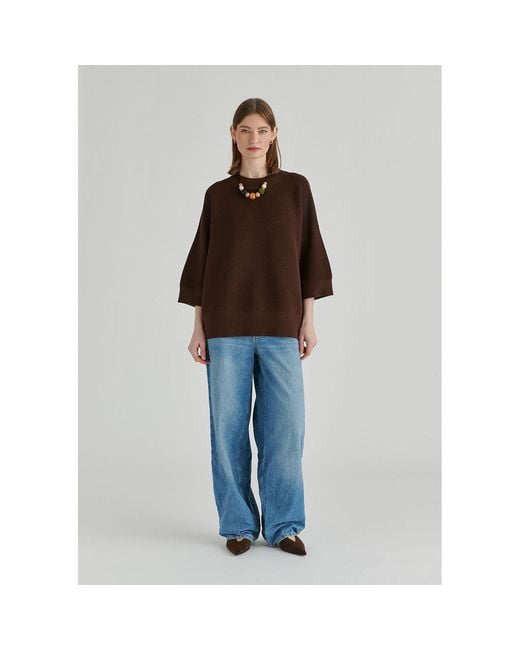 Paisie Brown Mock Neck Cropped Sleeve Ribbed Jumper