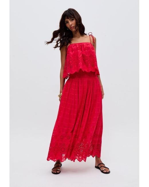 Raffya Mirella Smocked Waist Embroidered Midi Skirt