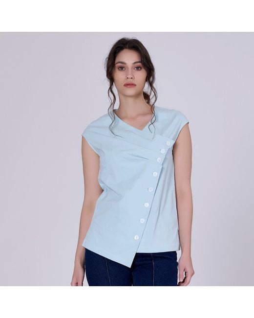 Smart and Joy Blue Double Breasted Pleated Asymmetric Top