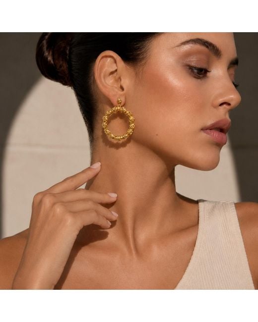 Unaloe Metallic Plated Rose Hoop Earrings – Floral Statement Drop Earrings – Handmade Italian Jewelry For