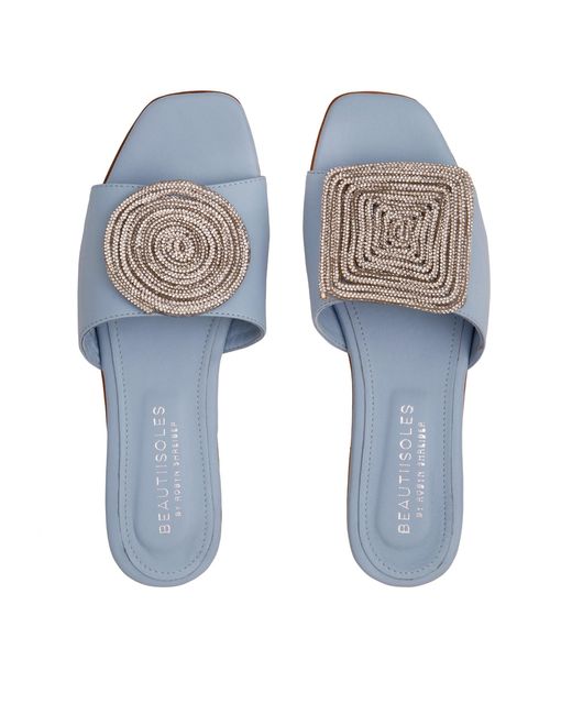 Beautiisoles by Robyn Shreiber Made in Italy Blue Adeline Baby Leather Work Evening Party Comfortable Flat Sexy Sandal