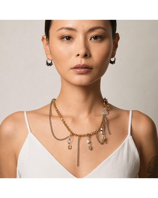 Kirei Metallic Voltage – Stainless Steel Interlocking Chain Necklace With Safety Pin, Nut & Shell Pearl