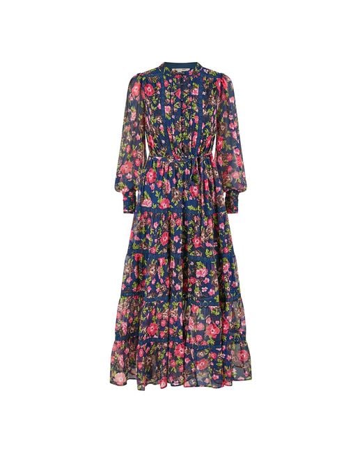 Yumi' Blue Blossom Print Maxi Dress With Long Sleeves & Lace Trims