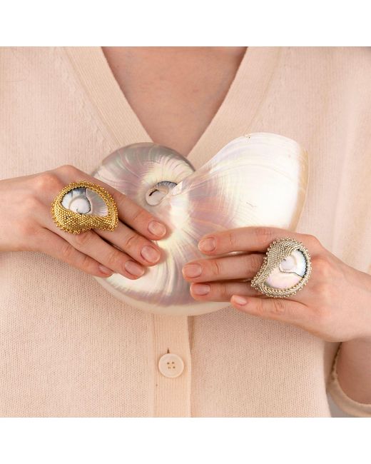 Oana Savu White Beaded Nautilus Seashell Shell Ring Adjustable Sterling