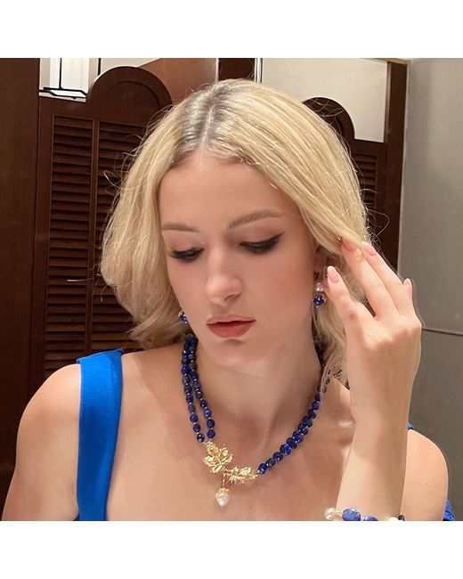 Farra Blue Freshwater Pearl With Aventurine Dangle Earrings