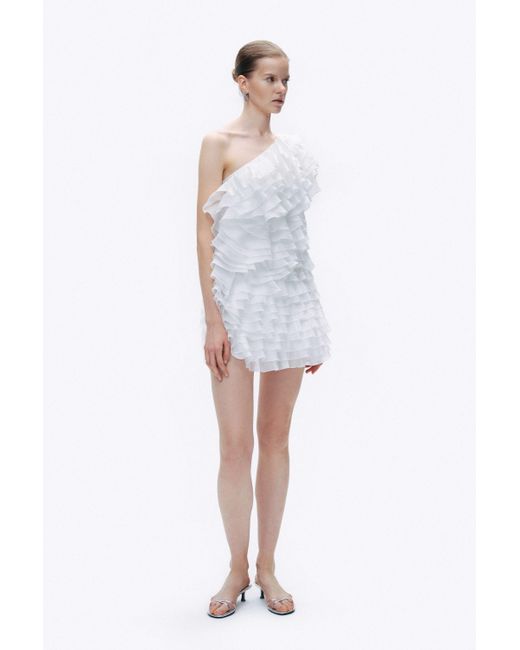 Nocturne White Ecru Mini Dress With Layered Ruffle Details