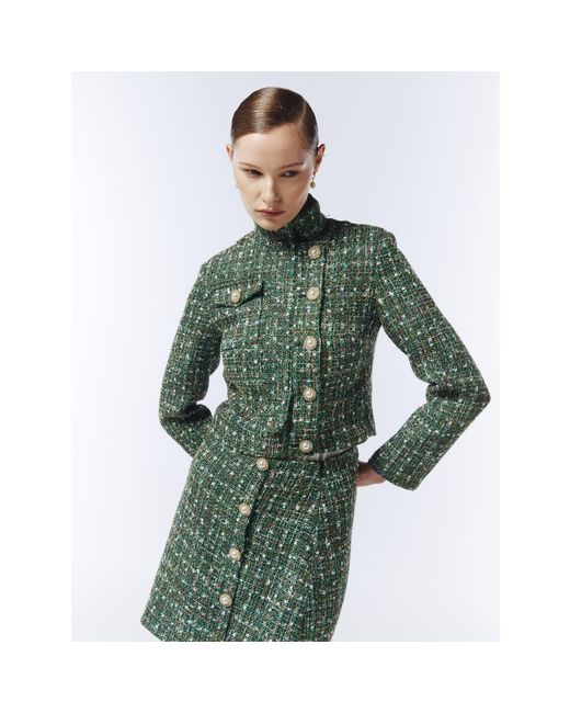 Sour Figs Green High-Neck Metallic Thread Bouclé Tweed Jacket