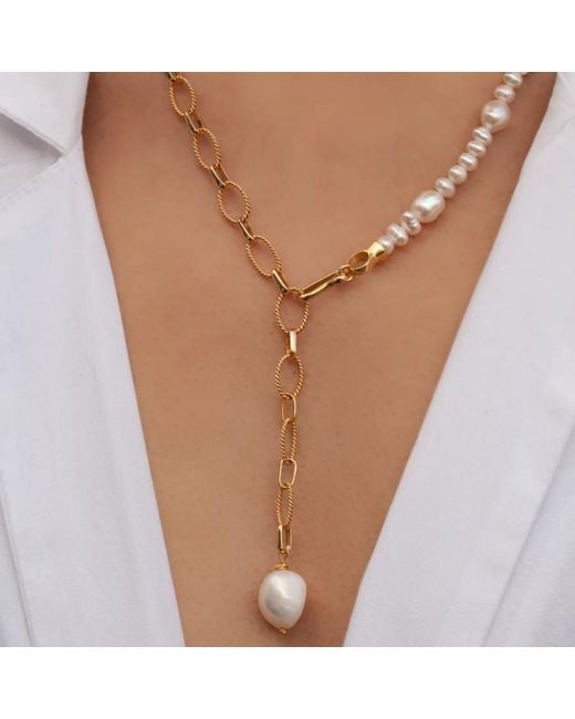 LINYA JEWELLERY Metallic Baroque Pearl Lariat Dangle Necklace