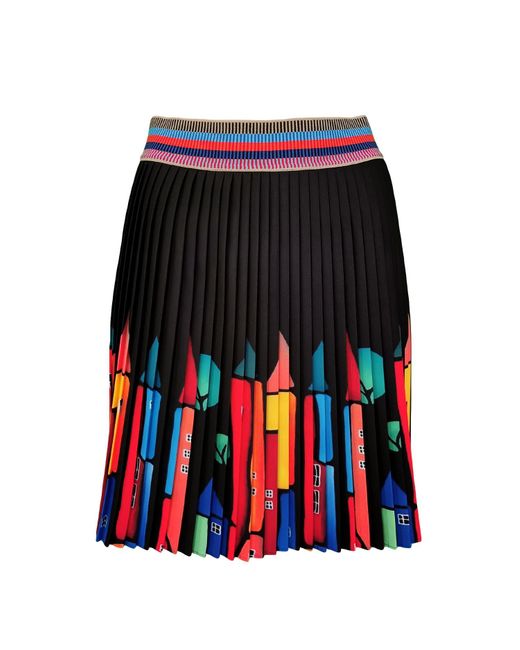 Lalipop Design Red Black Mini Pleated Skirt With Colorful House Prints