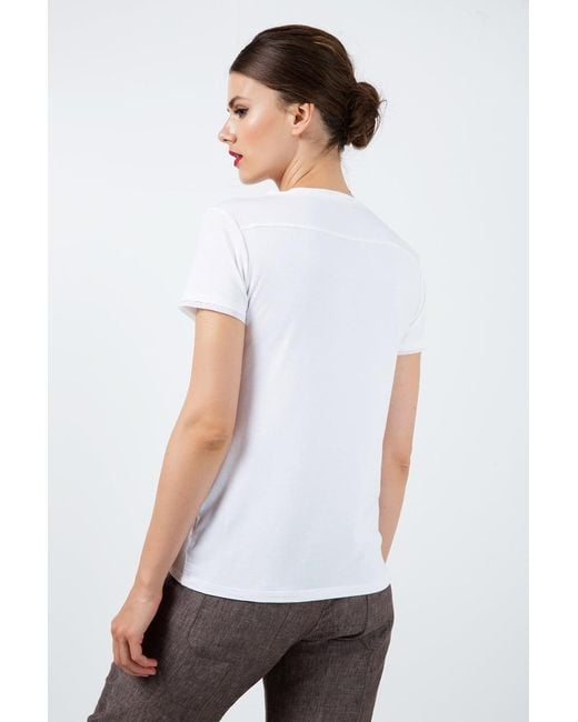 Conquista White Neutrals Short Sleeve Top With Multicoloured Print Detail