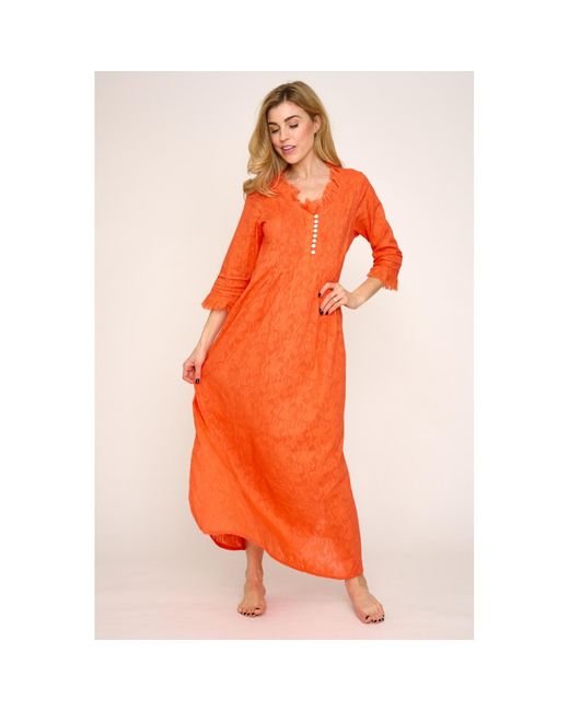 At Last Cotton Annabel Maxi Dress In Hand Woven Hot Orange