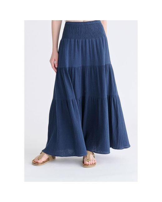 Paisie Blue Cheesecloth Shirred Waist Tiered Maxi Skirt