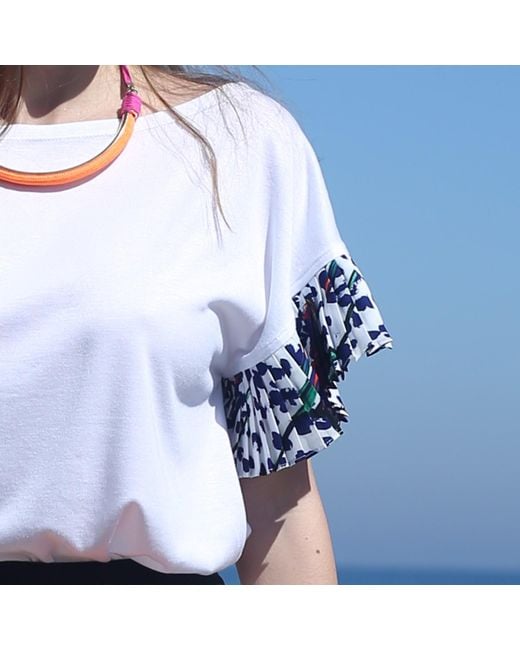 Lalipop Design Blue Cotton Blouse With Boat Neck & Pleated Sleeves