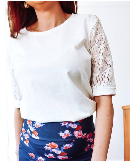 Sophie Cameron Davies White Ivory Lace Sleeve Cotton T-Shirt