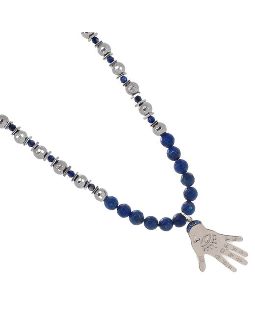Ebru Jewelry Metallic Lapis Lazuli & Hematite Stone Sterling Hamsa Pendant Beaded Necklace