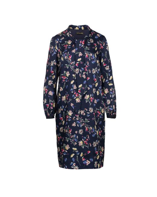 Conquista Blue Floral Print Long Sleeve Dress With Tie Collar