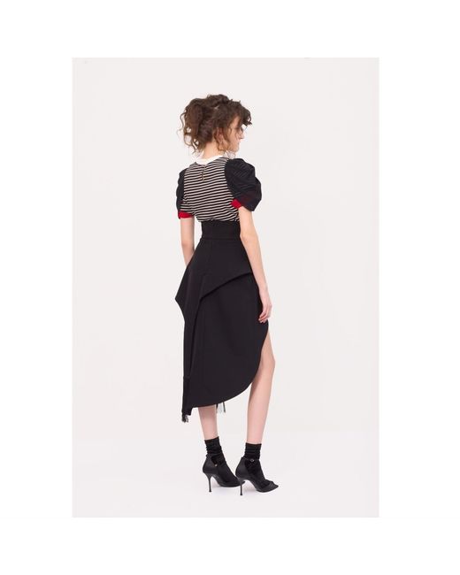 Julia Allert Black Striped Knit Blouse With Mesh Puff Sleeves