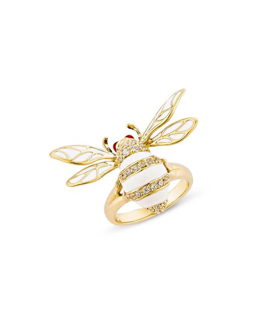 SALLY SKOUFIS Metallic Colony Ring With Made Cz Diamond Stimulant & Ivory Enamel