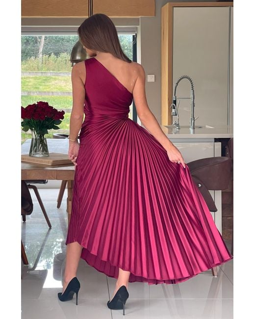 Girl In Mind Pink Aoife One Shoulder Pleated Midi Dress Berry