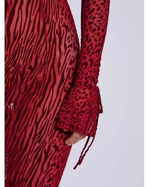Miss Circle New York Red Waylynn Burnout Velvet Detail Mesh Backless Maxi Dress