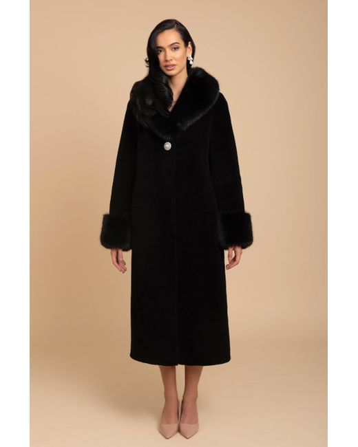 Santinni Black Sunset Boulevard Long Wool Coat With Faux Fur Collar