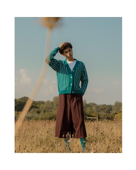 INGMARSON Blue Thin Striped Wool & Cashmere Cardigan for men