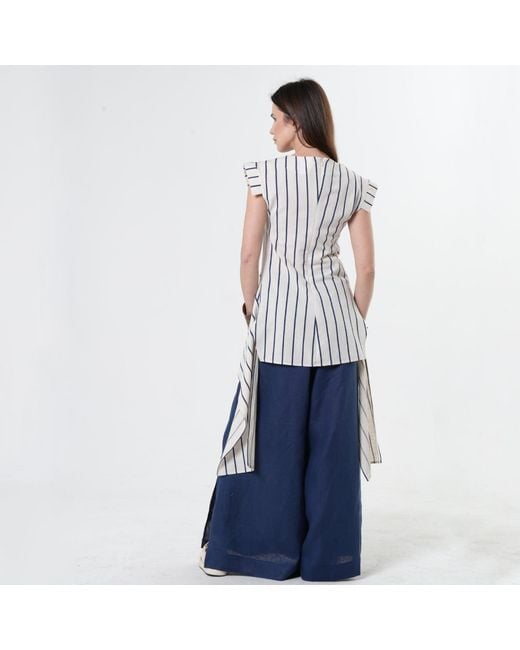 Metamorph Blue Asymmetric Linen Top On Stripes