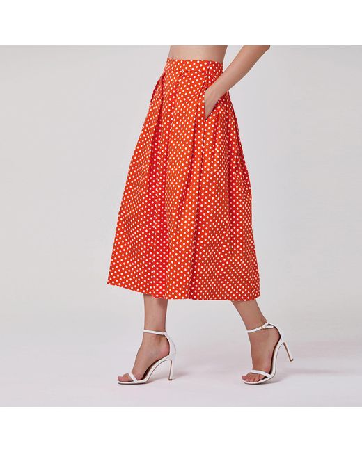 Smart and Joy Blue Flared Midi Skirt With Polka Dots