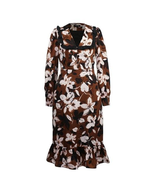 Smart and Joy Brown Ruffle Collar Macro Flower Print Dress