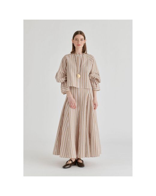 Paisie Natural Neutrals Striped Flared Maxi Skirt With Godet Paneling