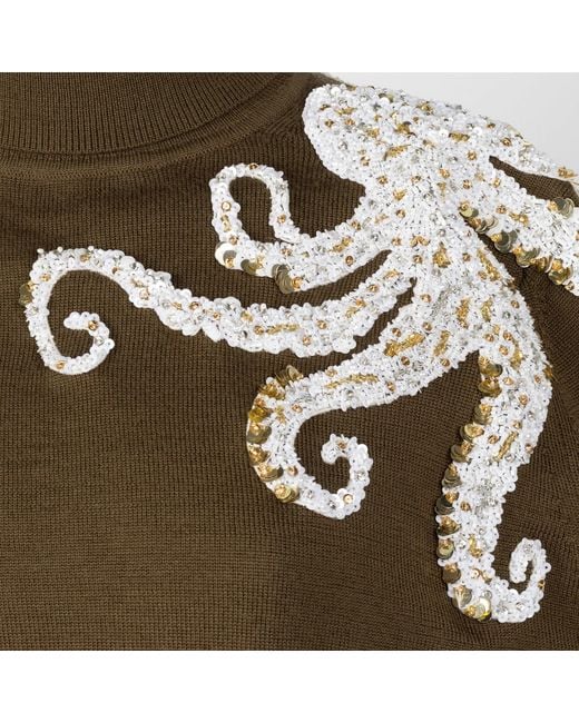House of Laines London Green Neutrals Laines Couture Wrap Octopus Hand Embellished Knitted Roll Neck