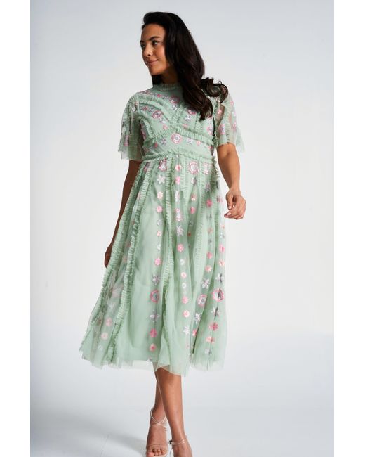 Frock and Frill Green Anthea Floral Embroidered Midi Dress