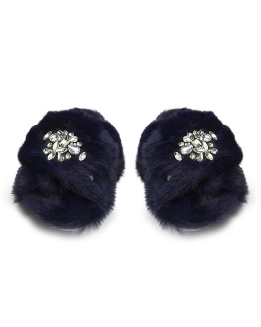 Rettrose Blue Audrey Luxury Plush Diamanté Heart Embellished Handmade Slipper