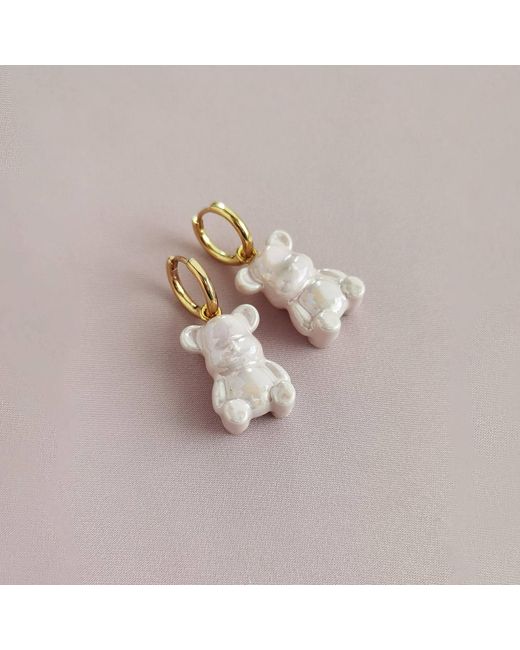 POPORCELAIN Pink Sweet Porcelain Teddy Bear Earrings, Tone