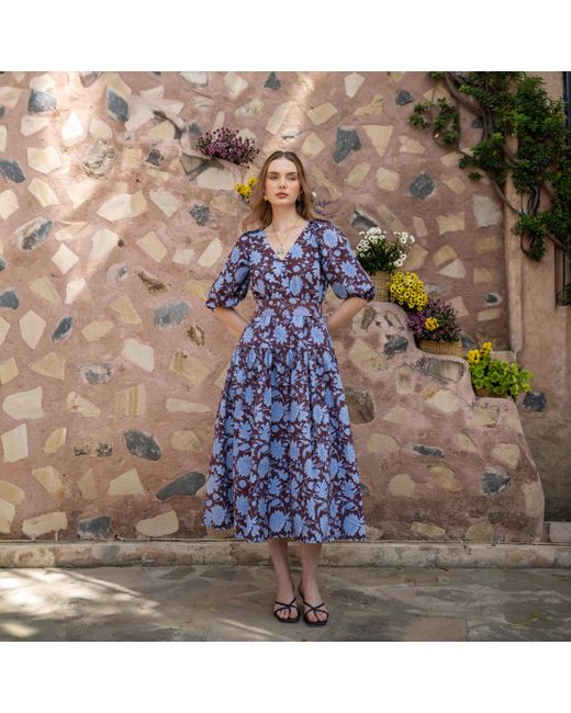Echo of Pink Blue Elodie Hand Block Print Cotton Drop Waist Dress