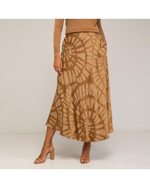Tantra Spain Sl Brown Midi Skirt With Silk, Geometric Print, Pockets, And Elastic Waistband
