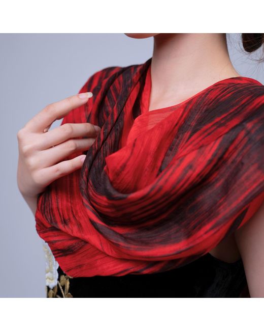 Silk and Bears Red Brushstroke Silk Scarf – Hand-Dyed Mulberry Silk, Evening Wrap & Gift